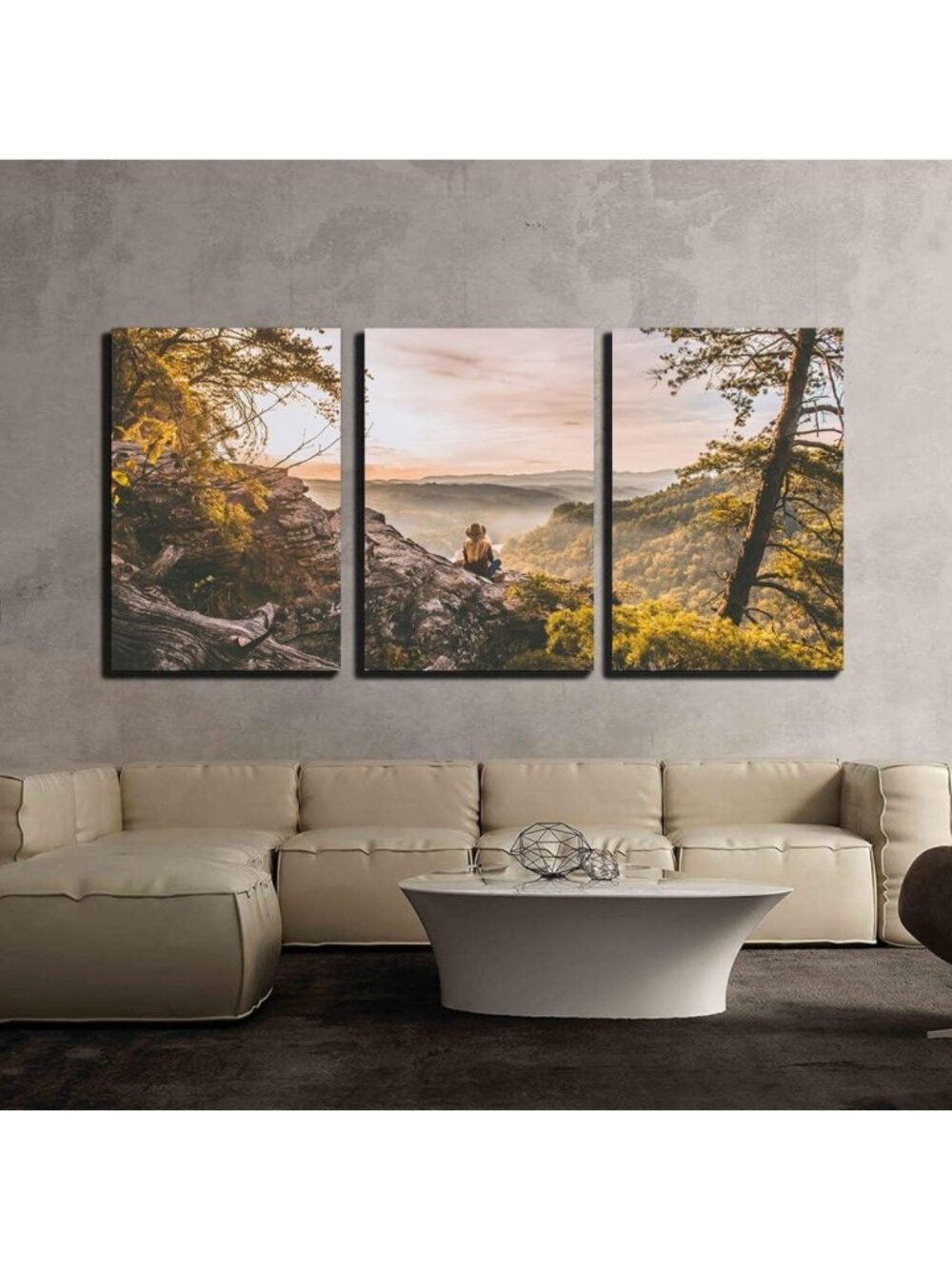3-Piece Fall Landscape Canvas Art Set - Woman on Mountain - Modern Framed Decor